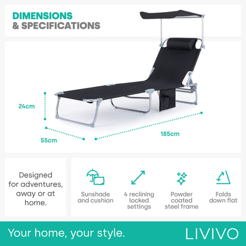 Folding Sun Lounger with Sun Shade - Black